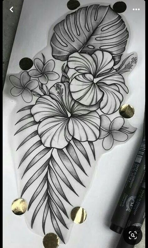 Manly Flowers Tattoo, Tropical Forearm Tattoo, Floral Tattoo Styles, Tropical Mandala Tattoo, Jungle Flower Tattoo, Hibiscus And Monstera Tattoo, Tropical Tattoo Design, Tropical Leg Tattoo, Tropical Hip Tattoo