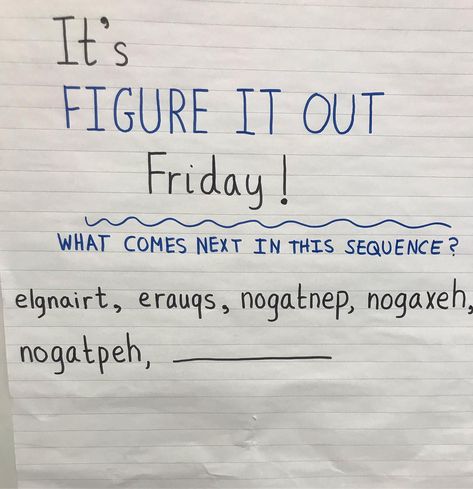 SELebrate YOU on Instagram: “It’s Figure It Out Friday! 🙌 Take a close look at the words. There’s a pattern here!😊 . . I won’t find out til Monday how the kids did, but…” Friday Morning Message Classroom, Figure It Out Friday, Friday Whiteboard, Fun Friday Activities Classroom Ideas, Staff Games, Fun Friday Activities, Primary Classroom Displays, Monday Magic, Friday Activities