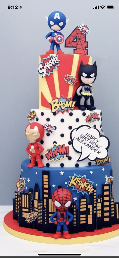 Superhero Theme Birthday Cake, Super Car Birthday Cake, Avenger Cakes For Boys, Superhero Birthday Party Cake, Superhero Cake For Boys, Avengers Cake Ideas, Lego Superhero Cake, Spiderman Cake Birthday, Avengers Cake Design