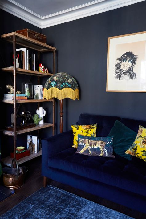 Every Room Has a Mood In This Eclectic Victorian Terrace Home - Front + Main Navy Maximalist Living Room, Blue Couch Moody Living Room, Tassel Lampshade, Dark Maximalist, Navy Velvet Sofa, Velvet Sofa Living Room, Terrace Interior, Blue Sofas, Blue Couch