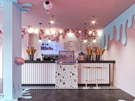 Pink color ice cream store most popular lovely gelato shop design Colorful Shop Design, Bakery And Ice Cream Shop Design, Ice Cream Interior Design Shops, Mobile Soft Serve Ice Cream, Ice Cream Shop Furniture, Cozy Ice Cream Shop, Gelato Store Design, Cool Ice Cream Shops, Donut Store Design