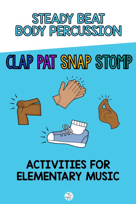 Teaching elementary music? Teaching elementary music? Here are some ideas for using elementary body percussion activities to help your students feel the beat. One of the most fun things I like to do with my elementary music students is body percussion. In this post I'm sharing some easy to do elementary music body percussion activities you can do with just a drum. Music Ideas For Kindergarten, Creative Curriculum Percussion Study, Preschool Music Activities Lesson Plans, Music Classroom Decor Ideas, Kindergarten Music Activities, Cottage Games, Music Therapy Interventions, Elementary Music Games, Music Therapy Activities