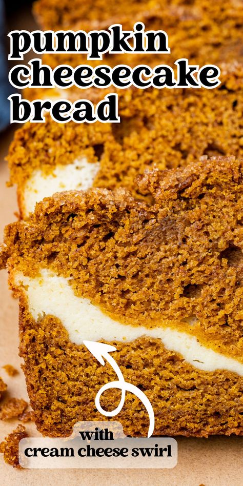 This Pumpkin Cheesecake Bread recipe is loaded with pumpkin spice flavor and a creamy cream cheese filling. This fall quick bread recipe makes for an impressive breakfast or dessert. Spicy Pumpkin Bread, Pumpkin With Cream Cheese Recipes, Pumpkin And Cream Cheese Bread, Pumpkin Cheesecake Bread Easy, Banana Pumpkin Cream Cheese Bread, Pumpkin Cream Cheese Loaf Recipe, Cream Cheese Stuffed Pumpkin Bread, Cheesecake Pumpkin Bread, Light Pumpkin Bread