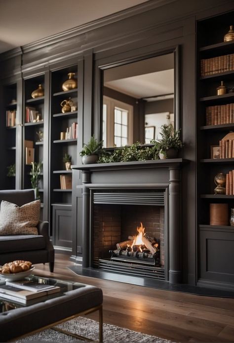 25 Fireplace Accent Wall Ideas to Create the Ultimate Cozy Corner Fireplace Surround Bookshelves, Study With Fireplace Bookshelves, Faux Fireplace Wall With Bookshelves, Modern Vintage Living Room Fireplace, Shelf Fireplace Ideas, Windows On Sides Of Fireplace, Black Traditional Fireplace, Dark Wall With Fireplace, Fireplace Flanked By Bookshelves