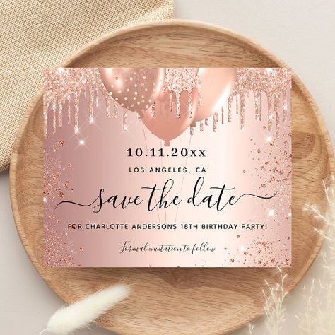 $1.1 | Budget birthday party rose gold save the date - save the date, blush, rose gold, glitter dust, birthday party, 30th 40th 50th 60th birthday, 70th 80th 90th 100th birthday, 15th 16th 18th 21st birthday, budget, glam glamorous Save The Date Ideas For 60th Birthday, Save The Date Ideas For Birthdays, Save The Date Birthday Party Invitations, Gold Gradient Background, Rose Gold Save The Date, Budget Birthday Party, Rose Gold Gradient, 10th Birthday Invitation, 40th Bday Ideas