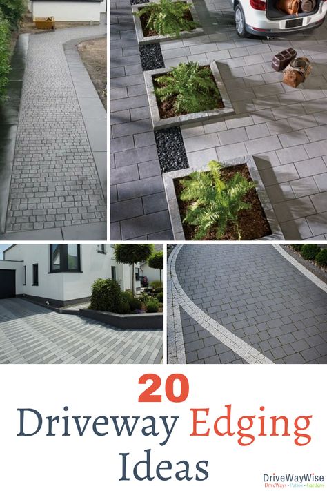 Find the top best driveway edging ideas here. The edge of your driveway provides the finishing touch the overall look of your driveway and front yard. There are many different colour, shape and style options. Make sure you check them out before you order your driveway installation! Driveway edges for block paving, pattern imprinted concrete, resin and more. Modern driveway edging with shrubs and borders are super popular. Be inspired! #drivewayedging #driveways #curbappeal Front Garden Feature Ideas, Paver Edged Driveway, Front Yard Paving Ideas, Pavers Around Driveway, Modern Paved Driveway, Driveway Lining Ideas, Driveway Borders Ideas, Front Paving Ideas, Driveway Walkway Ideas