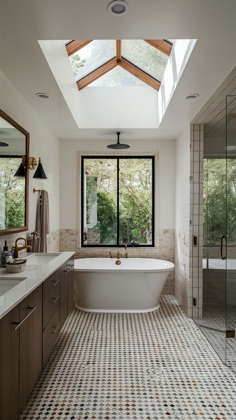 No Door Shower 21 Ideas: Create a Stunning, Open Bathroom Space Bathroom With Glass Ceiling, Skylights In Bathroom, Small Bathroom With Skylight, Skylight Shower Ideas, Bathroom Shower With Window, Sky Light Bathroom, No Door Shower Ideas, Shower With Skylight, Shower With Window