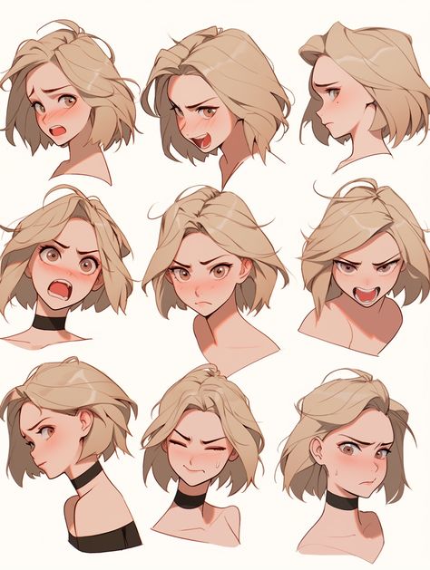 Anime Expressions Faces Reference, Surprised Pose Reference Drawing, Face Studies Drawing, Anime Expression Sheet, Bob Hairstyle Drawing, Character Looking Up, Short Hairstyle Women Drawing, Facial Expressions Drawing Reference, Hair Reference Female