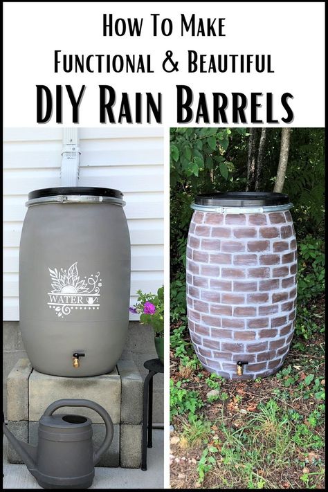 Turn an old plastic barrel into a functional and beautiful rain barrel. Cinder Block Rain Barrel Stand, Garden Rain Barrel, Trash Can Rain Barrel, Painting Rain Barrels, Diy Rain Barrel Chicken Waterer, Painting A Rain Barrel, Blue Barrel Ideas, How To Paint A Plastic Rain Barrel, Paint Rain Barrel