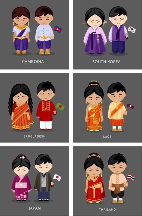 Traditional Clothing Around The World, Thailand Costume, World Clipart, Latina Power, United Nation, Costumes Around The World, National Clothes, Mexican Outfit, Flashcards For Kids