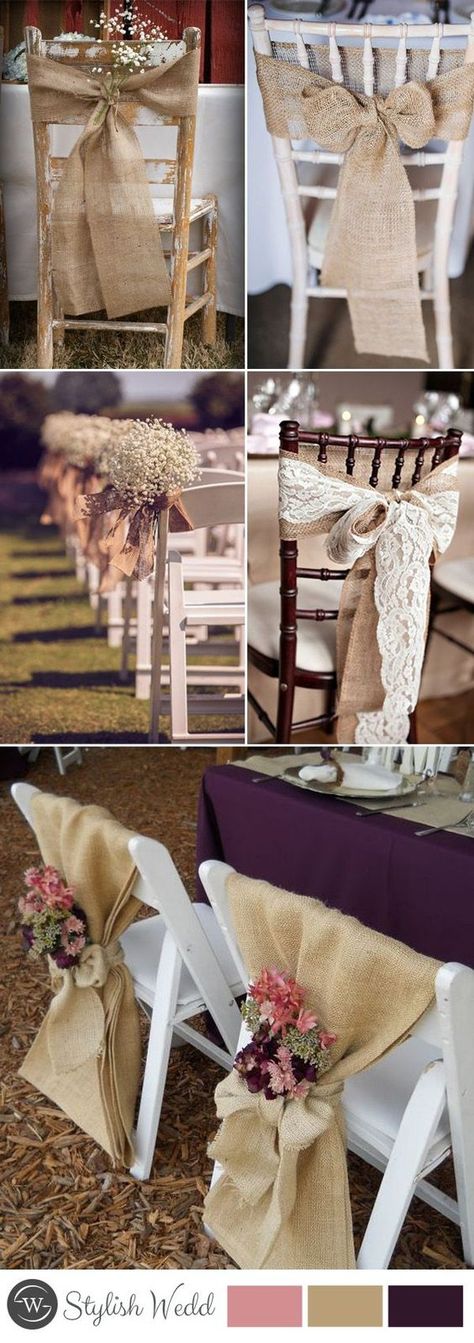 rustic wedding chair decors with burlap Kingscote Barn, Bohemian Weddings, Rustic Inspiration, Wedding Chair Decorations, Rustic Chair, Diy Event, Wedding Chair, Wedding Barn, Have Inspiration