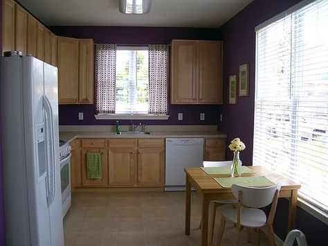 Purple wall, oak cabinets, white appliances? Paint Colors For Oak Cabinets, Purple Kitchen Walls, Purple Kitchen, Sanding Tools, Kitchen Walls, Purple Wall, White Appliances, Purple Walls, Little Kitchen