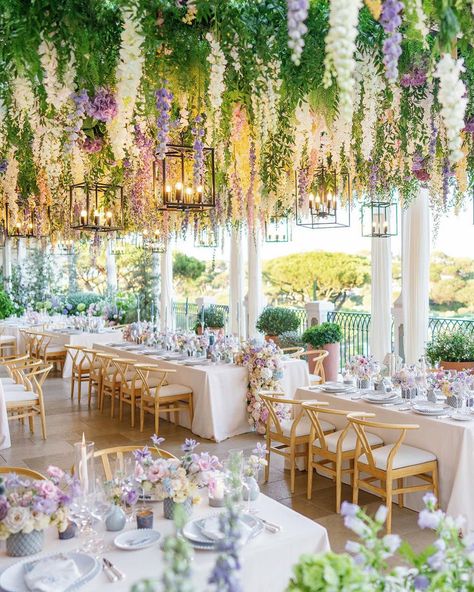 A flower covered ceiling with pastel blooms creates a romantic ambiance at this wedding reception | wedding inspo, wedding planning, wedding ideas, spring wedding, spring wedding decor, spring wedding reception, wedding reception decor, wedding reception ideas, wedding flowers, romantic wedding decor, romantic wedding, floral wedding decor, wedding flowers, wedding flower arrangements, event floral design, garden wedding, fairytale wedding, pastel wedding, 2024 wedding, wedding tablescapes Wildflower Wedding Theme, Wedding Ceiling, Dinner Setting, Indoor Wedding Receptions, Spring Garden Wedding, Garden Wedding Reception, Dream Wedding Decorations, Wedding Reception Flowers, Wedding Planning Decor