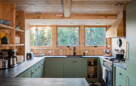 Rough Wood Walls, Log Cabin Modern Interior, 60s Cabin, Simple Cabin Interior, Modern Wood Cabin, Lake Cabin Kitchen, Scandi Cabin, Kentucky Farmhouse, Cabin Kitchen Ideas