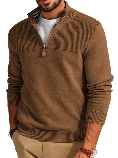 PRICES MAY VARY. 【Material】These mens quarter zip sweaters are made from high quality fabric, which brings you a soft, warm and comfortable wearing experience in cooler days. 【Design】This mens pullover sweater features a classic quarter zip designed, mock neck, slim fit, solid color, long sleeve, ribbed cuffs and hem. 【Collocation】You can wear this mens 1/4 zip sweater alone as a outwear and match it with stylish jeans for the fashion look; or you can match this polo sweater with casual pants an Men’s Quarter Zip Fit, Mens Dress Sweater, Men's Casual Style Fall, Men’s Quarter Zip, Men’s Office Business Casual, Beige Sweater Outfit Men, Men’s Casual Fashion, Men’s Trendy Business Casual, Mens Fall Fashion Casual