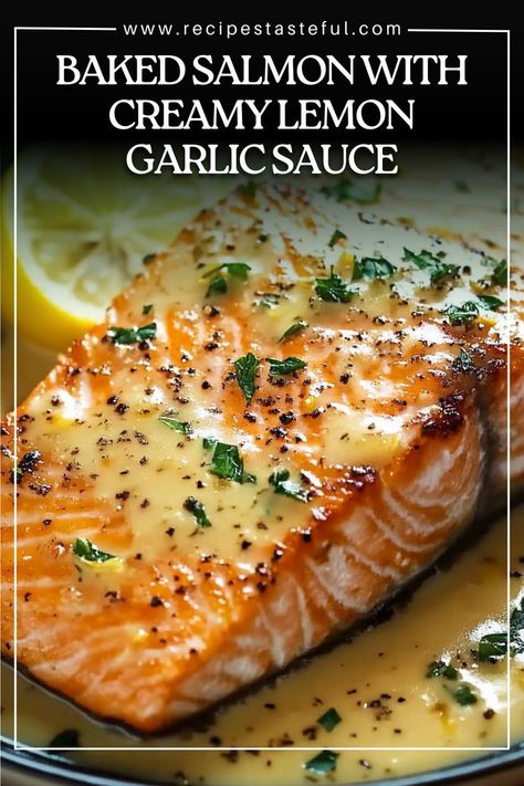 This Baked Salmon with Creamy Lemon Garlic Sauce is a delightful and flavorful dish featuring tender salmon fillets topped with a rich, creamy sauce. Perfect for an elegant dinner or a quick weeknight meal! Sauce For Grilled Salmon, Steamed Salmon Recipes, Lemon Sauce For Salmon, Creamy Lemon Garlic Sauce, Lemon Salmon Recipes, Broiled Salmon Recipes, Keto Fish Recipes, Salmon Fillet Recipes, Salmon Dinner Recipes