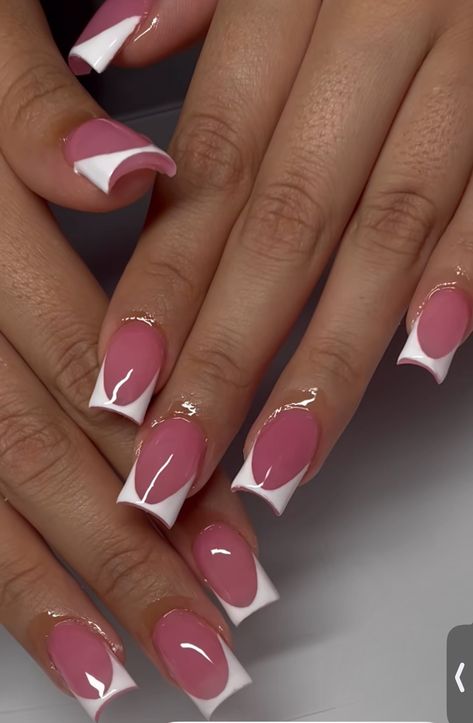 Short Nail Set Pink French Tip, France Tips Nails, Shorties Nails Pink, French Tip With Pink Base, Line French Tip Nails, Lavender French Tip Nails, Purple French Tips, Work Appropriate Nails, French Tip Gel Nails