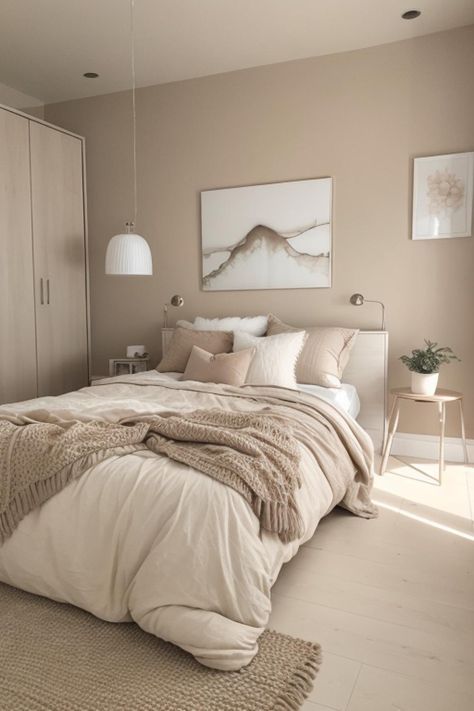 Neutral Cream Bedroom, Beige Cream Brown Bedroom, Cream Beige And Gold Bedroom, Light Brown And White Bedroom Ideas, Light Brown And White Bedroom, Beige Bedroom Decor Neutral Tones, White Gold And Beige Bedroom, Beige Bedroom White Furniture, Bedding Neutral Colors