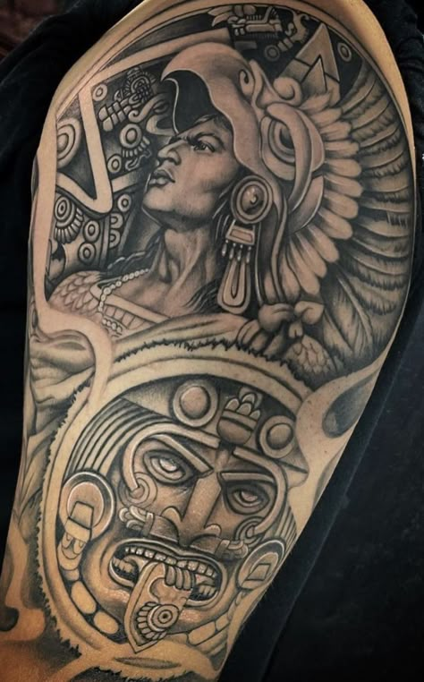 Chicano Tattoos Men, Aztec Sun Tattoo, Aztec Tattoo Mexican, Aztec Tattoos Sleeve, Aztec Warrior Tattoo, Azteca Tattoo, Arm Tattoos Drawing, Mexico Tattoo, Tattoos With Deep Meaning