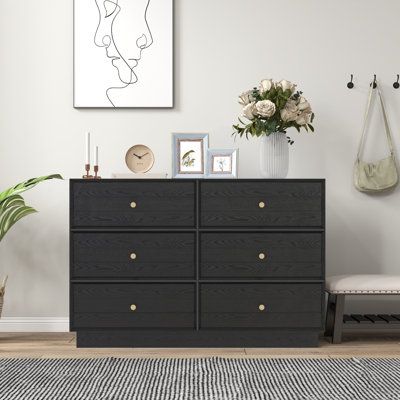 6-Drawer Large Storage Dresser: Sized at 47.2" x 15.7" x 31.1", this dresser features six smoothly operating drawers, providing efficient storage for clothing, accessories, and personal items in a compact yet spacious design. Latitude Run® Color: Black | Latitude Run® 6 Drawer Dresser brownWood in Black | 31.2" H X 47.2" W X 15.7" D | Wayfair Closet Dressers, Dresser Modern, Dresser In Closet, Hallway Closet, Black Dresser, Modern Chests, Bedroom Chest Of Drawers, Modern Closet, Wood Storage Cabinets