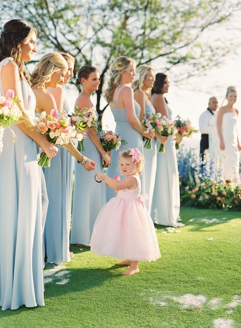 pastel blue bridesmaids and pink flower girl Pink And Blue Pastel Wedding, Pastel Blue And Pink Wedding Theme, Blue Bridesmaid Dresses With Pink Flowers, Blue And Pink Bridesmaid Dresses, Pastel Blue And Purple Bridesmaid Dresses, Light Blue Bridesmaid Dresses Pink Flowers, Pastel Blue Bridesmaid, Baby Blue Bridesmaid Dresses, Ice Blue Dress