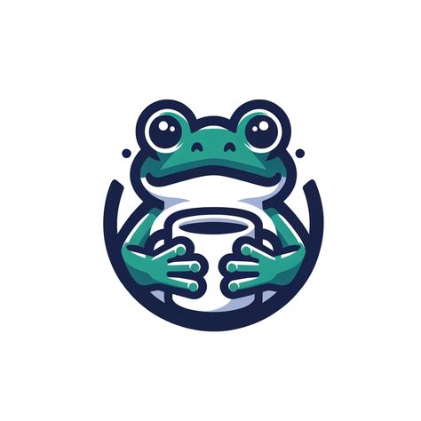 Frog logo, coffee lover, cute amphibian, cartoon frog, relaxed mascot, friendly character, café branding, charming illustration, whimsical design, beverage icon, cozy mood, nature-inspired, graphic art, playful logo, casual emblem. Frog Mascot, Illustration Whimsical, Cafe Icon, Frog Logo, Playful Logo, Cozy Mood, Logo Coffee, Cartoon Frog, Charming Illustration