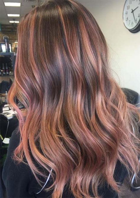 52 Charming Rose Gold Hair Colors to Try in 2022 - Glowsly Dark Brown Hair Rose Gold Balayage, Dimensional Rose Gold Hair, Medium Brown Hair With Rose Gold Highlights, Ash Brown Hair With Rose Gold Highlights, Black Hair Rose Gold Highlights, Blush Highlights Hair Brunette, Light Brown Hair With Pink Highlights Rose Gold, Brunette Hair With Rose Gold Highlights, Rose Gold Partial Highlights