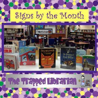 Monthly Signs from The Trapped Librarian. Use them for library book displays or a calendar bulletin board.  Suggestions for monthly library book resources are included! Library Bulletin Board, Classroom Bulletin Board, Library Themes, Library Book Displays, Library Posters, Elementary School Library, Library Organization, Teacher Freebies, Library Bulletin Boards