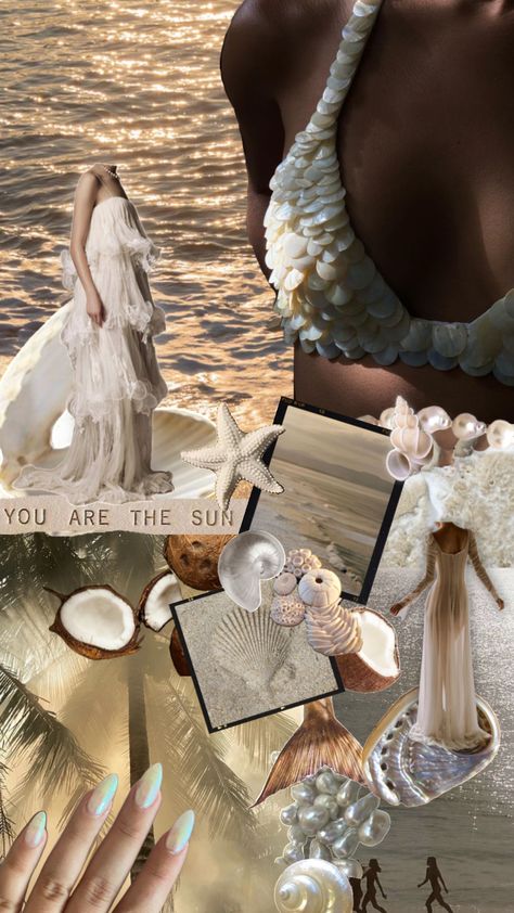 Mermaid core 🐚✨ #mermaid #mermaids #mermaidaesthetic #mermaidcore #summer #summeraesthetic #beige #gold #aesthetic #moodboard #sea #beach #coastal Mermaid Core Moodboard, Under The Sea Party Aesthetic, Mermaid Ethereal, Sea Moodboard Fashion, Mermaid Core Wedding, Mermaid Core Party, Mermaid Fashion Aesthetic, Sea Moodboard, Mermaid Vibes