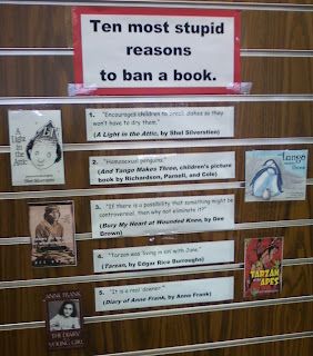 Library Book Drop Ideas, Gay Penguins, Library Technician, Banned Books Week Display, Book Banning, Book Bans, School Library Displays, Teen Library, Library Bulletin Board