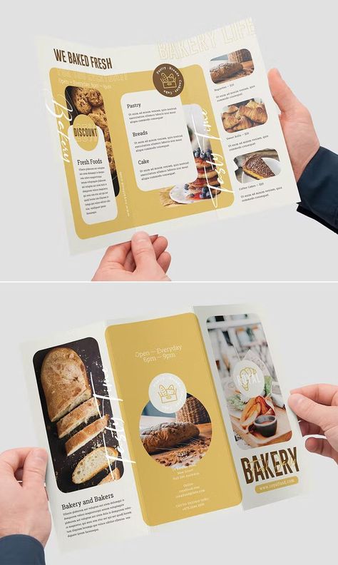 Best Trifold Brochure Design, Brochure Layout Design Trifold, Food Trifold Brochure Design, Food Brochure Design Ideas, Food Leaflet Design, Trifold Brochure Design Layout Creative, Food Brochure Design Creative, Bakery Brochure Design, Trifold Brochure Ideas