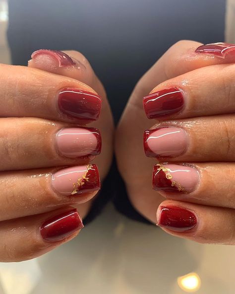 Red And Gold Manicure Ideas, Cherry Red Nails With Gold Accents, Nails Matching Red Dress, Red And Gold Acrylic Nails Short, Red And Gold Dip Powder Nails, Dark Red Nails Gold Accent, Red Nails With Foil Flakes, Red And Gold Flake Nails, Short Red Acrylic Nails Square Glitter