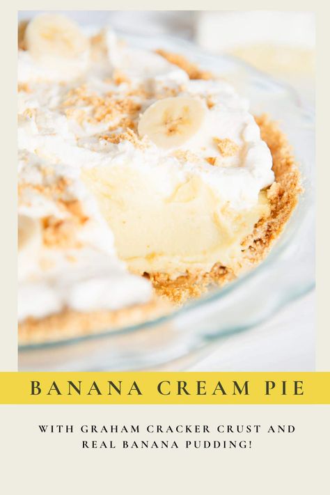 This easy banana cream pie recipe is sweet, creamy, and bursting with banana flavor! Made with real from-scratch banana pudding, homemade whipped cream, and a buttery graham cracker crust. This banana cream pie is sure to be a hit! Banana Pudding Homemade, Banana Cream Pie Recipe With Pudding, Easy Banana Cream Pie Recipe, Homemade Banana Cream Pie, Pudding Homemade, Banana Pudding Ingredients, Easy Cream Pie, Easy Banana Cream Pie, Banana Cream Pie Recipe