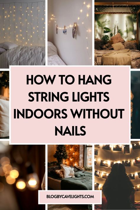 🌿 Add a magical touch to your living room with indoor string lights for living rooms! Our guide shows you how to hang string lighting nail-free. Tap to get these brilliant tips now! 📲 How To Hang String Lights Indoor, String Lights Indoors, String Lights Living Room, Interior String Lights, String Light Ideas, Hanging Bedroom Lights, String Lights Inside, Lighting Hacks, Copper String Lights