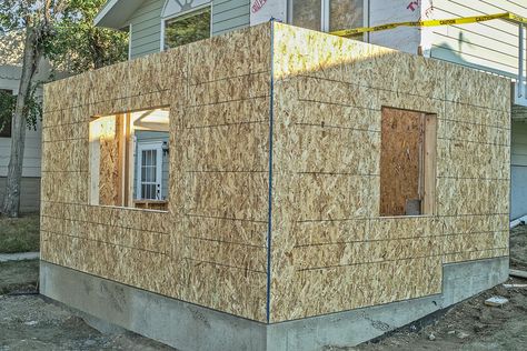 Foundation and first floor of home addition framed and covered with OSB Home Extension Ideas Room Additions, Kitchen Bump Out, Lofted Barn Cabin, Home Addition Plans, Building An Addition, Add A Room, Bump Out, Bedroom Addition, Kitchen Addition