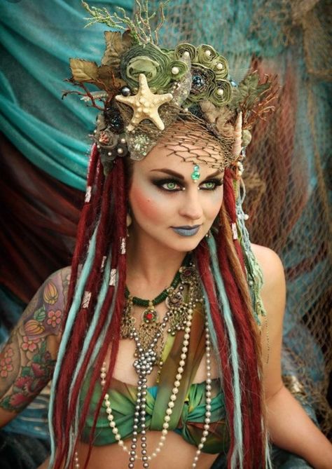 Viking Mermaid, Sea Goddess Costume Dresses, Sea Goddess Costume, Mermaid Cosplay Sirens, Women’s Mermaid Costumes, Siren Headdress, Mermaid Parade, Halloween Fairy, Mermaid Crown