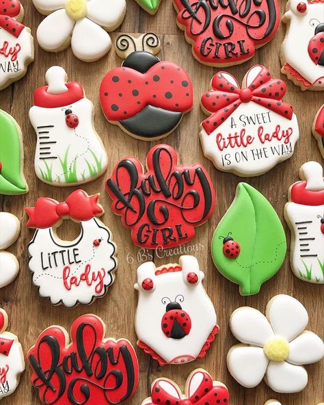 Ladybug Decorated Cookies, Ladybug Sugar Cookies, Ladybug Baby Shower Ideas, Love Bug Baby Shower, Ladybug Baby Shower Theme, Ladybug Baby Shower Decorations, Ladybug Baby Shower Cake, Ladybug Cookies, Lady Bug Baby Shower Table