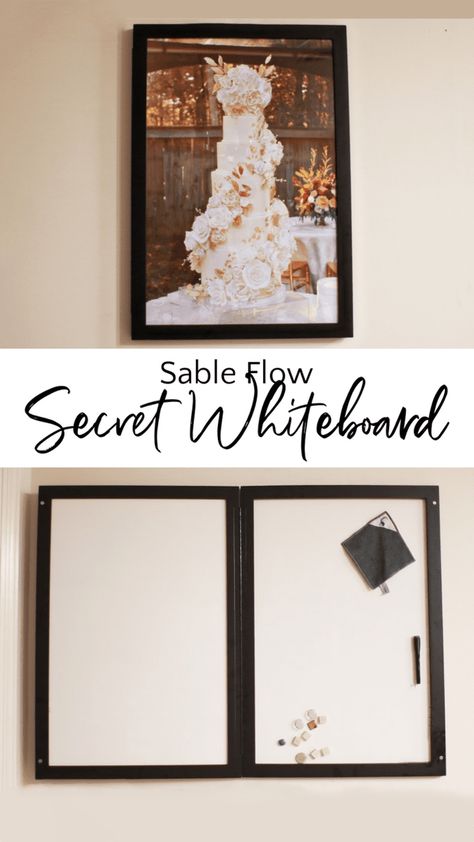 framed cake art photo on top, bottom is a whiteboard opened up from the framed print. Home Office Whiteboard Ideas, Home Office Whiteboard Wall, Home Office Dry Erase Board Ideas, Hidden Whiteboard, Office Whiteboard Wall, Diy Whiteboard, Framed Whiteboard, Diy Slides, Attic Office