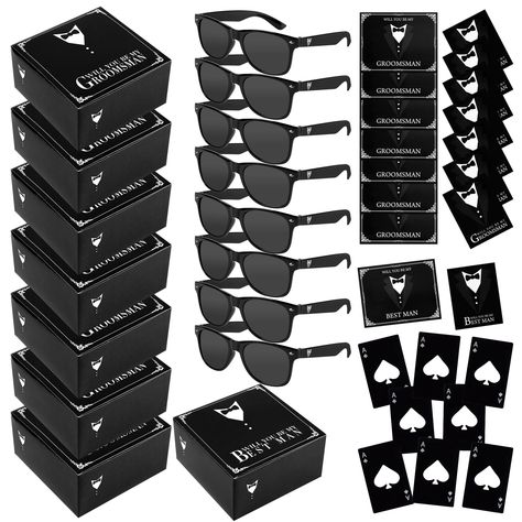 PRICES MAY VARY. Match include：you will receive 5 kinds items of 8 pieces groomsmen Proposal Boxes,8 pieces groomsman Labels,8 pieces groomsmen Proposal cards,8 pieces groomsman sunglasses，each item for 7 groomsmen,1 best men，and 8 pieces stainless steel credit card size poker card beer bottle opener cap Groomsmen box set：7pcs "WILL YOU BE MY GROOMSMEN " and 1pc "WILL YOU BE MY BEST MAN",each size 8 x 8 x 4 inches, easy to accommodate candles, stemless wine glasses, greeting cards and other groo Proposal Groomsmen Ideas, Groomsmen Proposal Non Alcoholic, Video Game Groomsmen Proposal, Groomsman Boxes, Will You Be My Groomsman Ideas, Groomsmen Proposal Video Game, Groomsman Proposal, Alcohol Groomsmen Proposal, Groomsmen Proposal Box Ideas