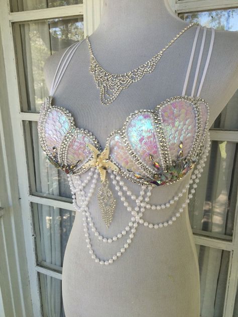 Aphrodite Rising Pearl Mermaid Bra Rave Bra 34C/32D Siren Costume, Pearl Mermaid, Shell Mermaid, Shell Bra, Mermaid Parade, Iridescent Mermaid, Mermaid Bra, Mermaid Top, Goddess Of The Sea