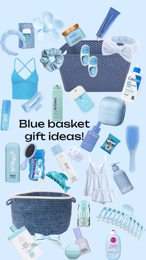 Blue products basket gift idea! #favoutfitfinder Blue Valentines Basket, Burr Basket Blue Theme, Birthday Basket Blue, Baby Blue Gifts, Blue Burr Basket Ideas, Navy Blue Gift Basket Ideas, Blue Gift Basket Ideas For Women, Sports Gift Basket Ideas, Color Gift Basket Ideas