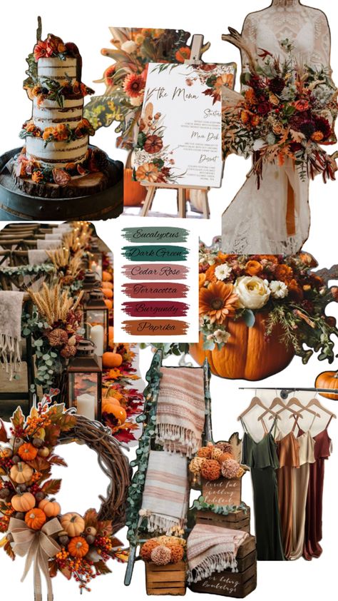 Autumn 🍂 Wedding Mood Fall Themed Wedding Decor, Boho Fall Wedding Decorations, Fall Wedding Color Palette October, October Wedding Themes, Autumn Wedding Aesthetic, Burnt Orange Weddings Decorations, Wedding Themes Fall Rustic, Autumn Wedding Decorations, Elegant Fall Wedding Ideas