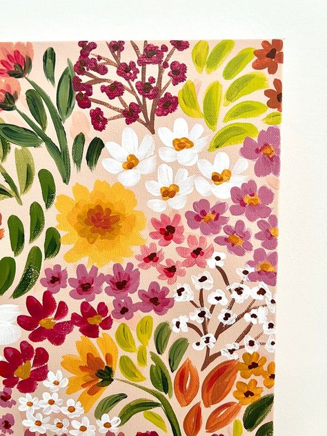 Flower Painting On Canvas Easy, Floral Print Art, Orange Flower Painting Easy, Canvas Patterns Painting, Cute Flowers To Paint, Paintings That Go Together, Simple Painting Inspiration, Pretty Things To Paint Easy, Dual Canvas Painting Ideas