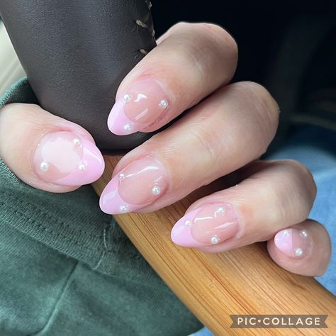 White And Pink French Tip, Pink Nails With Pearls On Them, Light Pink Nails With Pearls, Pink French Tips With Pearls, French Tips With Pearls, Pink Nails With Pearls, French Tip With Pearls, Colored French Tips, Hoco Nails