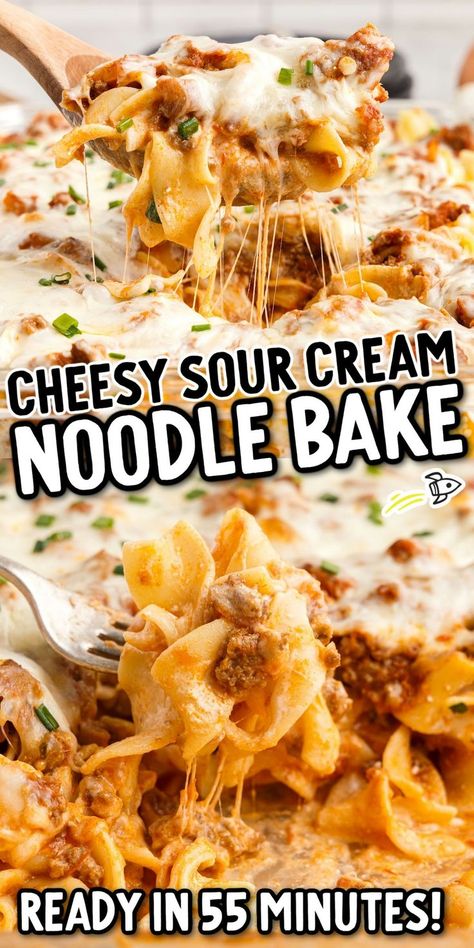 Sour Cream Noodle Bake Sour Cream Noodle Bake Pioneer Woman, Sour Cream Bake, Dump And Bake Casseroles, Sour Cream Pasta, Sour Cream Noodle Bake, Noodles Ground Beef, Noodle Bake, Creamy Tortellini, Pasta Side