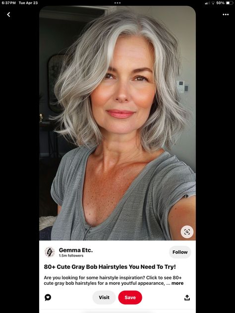 Med Grey Hair Over 50, Long Bob Hairstyles Older Women Over 50, Gray Mid Length Hair Styles, Silver Shoulder Length Hair, Grey Long Bob Hairstyles, Wavy Gray Hair Over 50 Bob Hairstyles, Mid Length Grey Hairstyles, Gray Blonde Hair Older Women, Med Haircuts For Women