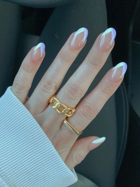 Two Color V French Tip Nails, Modern French Tip Nails Short, Short Oval French Tip Nails With Design, V Line French Tip Nails, Lavender Nails French Tip, French V Nails, Multi Colored Nails Spring, Multi Color French Tip Nails, Dip French Tip Nails