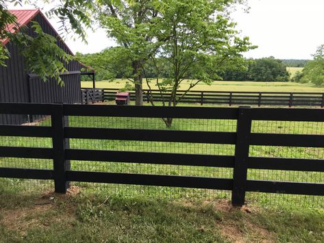 3 Rail Post & Board Painted Black | Smucker Fencing Black Post And Rail Fence, Black Ranch Fence, Ranch Fencing Ideas, Grey Stained Fence, Black Split Rail Fence, Fence Painted Black, 3 Rail Fence, Fence With Wire, Landscape Driveway