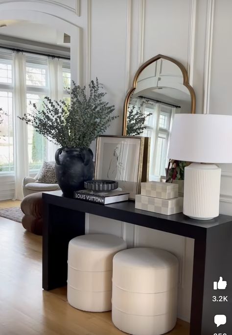 Ottoman Entryway Ideas, Entry Way Table With Ottoman, Console With Ottomans Underneath, Console Table With Ottoman Underneath, Console Table With Ottomans, Sideboard Decor Dining Room, Large Console Table, Dining Room Furniture Design, Entry Console Table