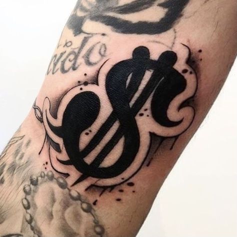 Banger Tattoos, Money Sign Tattoo, Dollar Sign Tattoo, Dollar Tattoo, Chest Tattoo Stencils, Tato Flash, Dollar Signs, Tattoo Lettering Design, Gangsta Tattoos